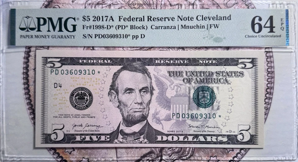 2017A 5 Dollar 🌟 FRN Cleveland  Fr# 1998 D* PMG 64 PPQ -Top Pop ( Very Rare ) - Image 1 of 4