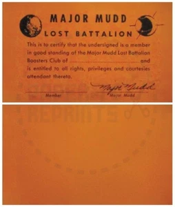 TARJETA DE MEMBRESÍA DEL CLUB BATALLÓN PERDIDO MAJOR MUDD - REIMPRESIÓN VINTAGE - Imagen 1 de 1