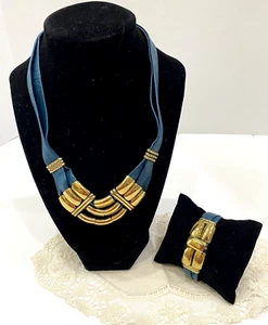 Vintage Fiocchi Italy Brutalist Gold Tone Metal & Leather Necklace Bracelet Set - Picture 1 of 8