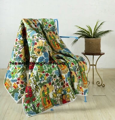 Handmade Gesteppt Wendbar 100% Baumwolle Sofa Bett Überwurf Weiße Blumen Decke - Bild 1 von 4