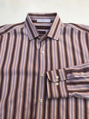 Camisa listrada marrom multicolorida Etro Milano slim fit masculina Itália 42 excelente estado usado 16,5 - Imagem 1 de 4