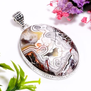 Crazy Lace Agate Gemstone Ethnic Handmade 925 Silver Plated Pendant 1.9" GSR8354 - Picture 1 of 2
