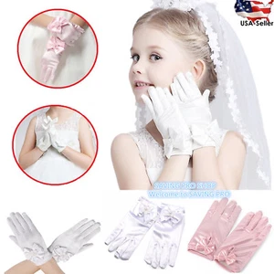 Wedding Flower Girl's Stretch Satin Dress Gloves, Toddlers Baby Girls 3-10 Years - Picture 1 of 7