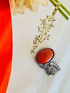 Yves Saint Laurent YSL Arty Red Ruby Cabochon Statement Chunky Ring US 6 Silver - Picture 1 of 14