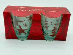 2006 Starbucks Holiday Shot Glasses Set of 2 Clear Red Decorations - Picture 1 of 3