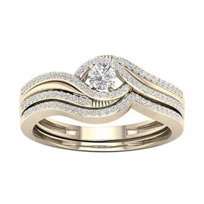 2pcs Round Cut Pink AAA Cz Elegant Band Gold Plated Womens Gift Ring Set Sz 5-10 - Image 1 of 4