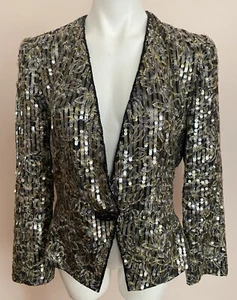 Vintage Nolan Miller Black White Floral Sequin Jacket Blazer Size 12 - Picture 1 of 8