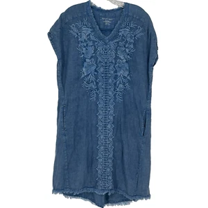 Vestido Karyn Seo Lino Cambray Mediano Bordado Flecos Bolsillos Azul - Imagen 1 de 6