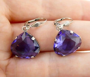 Pendientes colgantes de amatista facetada de plata de ley 925 5,4 g 1 1/8 pulgadas - Imagen 1 de 10