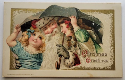 John Winsch Christmas Greetings Santa under Green Umbrella Postcard - Image 1 of 2