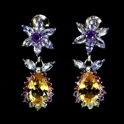 925 Sterling Silver Earrings Pear Citrine 9x7mm Tanzanite Gemstone Jewelry - Image 1 of 4