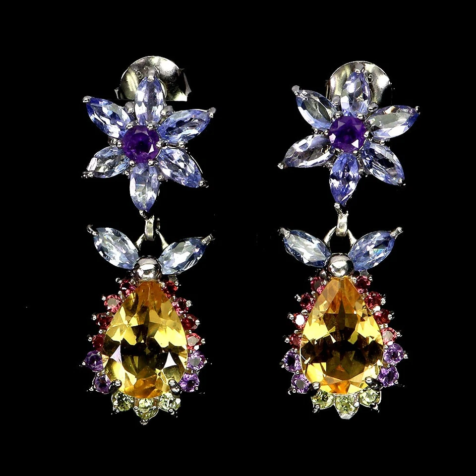925 Sterling Silver Earrings Pear Citrine 9x7mm Tanzanite Gemstone Jewelry - Image 1 of 4