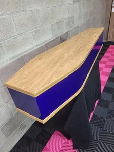 Gloss Blue Candy Coffin, Classic Oak Look Lid And Detailing. Vinyl Wrap. Casket. - Picture 1 of 4