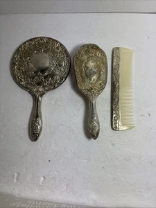Vintage Brush Comb Mirror Vanity Set Silver Plated, 3-Piece, Victorian Style - Picture 1 of 12