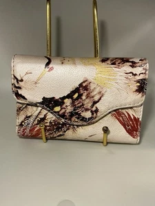 Vintage Rare Lucky Brand Asian Style Crane Print Kisslock Trifold Leather Wallet - Picture 1 of 6