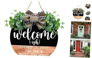 CHIJIRE Welcome Sign Front for Door Decoration, 12 in Round Wood Wreaths Wall - Picture 1 of 7