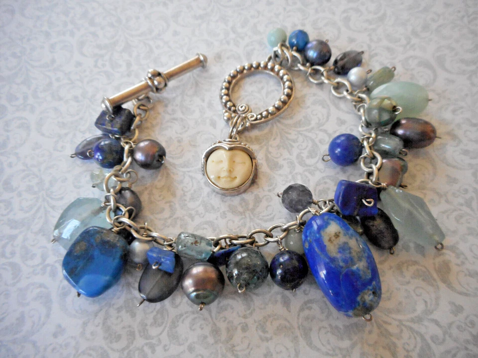 Sterling Oxidized Silver Sajen Moonface Lapis Pearl Quartz  Bracelet   Z5918 - Image 1 of 4