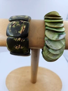 Chunky Stretch Bracelets Set of 2 Tagua Nut "Vegetable Ivory" & Abalone Shell - Picture 1 of 21