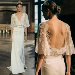 Boho Beads Vintage Bridal Gown Romantic Two Piece Open Back Beach Wedding Dress - Picture 1 of 5