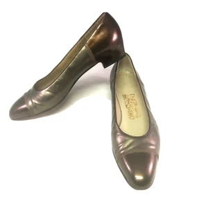 Ferragamo 8AA Bronze Gold Two Tone Shoes Pumps 1 inch heel Made in Italy - Picture 1 of 10