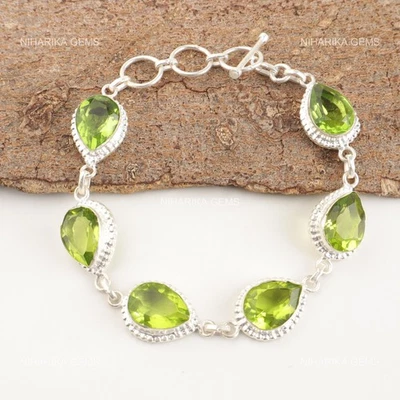 Sterling Silver Pear Heart Chakra Peridot Stone New Boho Chain Artisan Bracelet - Image 1 of 4