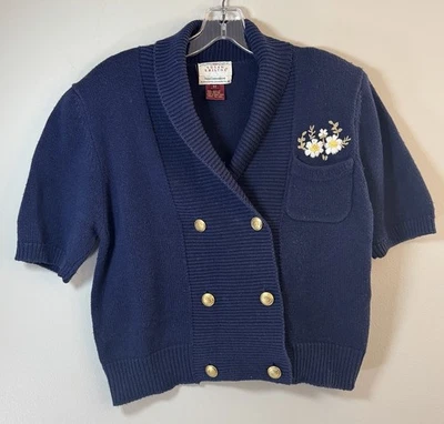 Susan Bristol Vintage Double Breasted Women’s Medium Short Sleeve Sweater Navy - Image 1 of 4