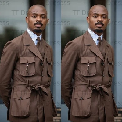 Chaquetas de safari vintage para hombre con cinturón informales ropa deportiva al aire libre abrigos de caza Foto 1 de 4