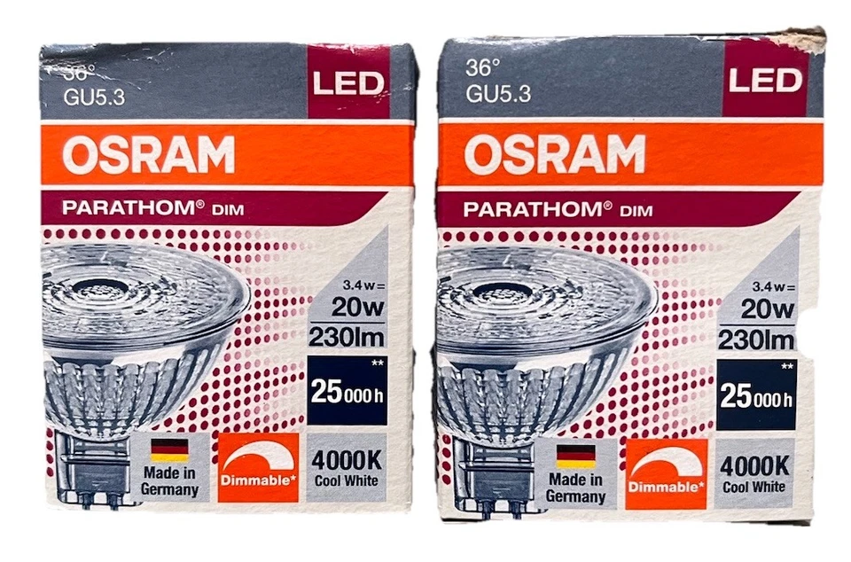 2 Pack Of Osram LED Parathom GU5.3 3.4W=20W 4000k Cool White  ( Package Damaged - Image 1 of 4