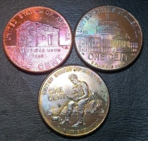 3 2009 P Lincoln Bicentennial Cents Pennies 1C ~ Multi Color Toning ~ NICE COINS - Bild 1 von 2
