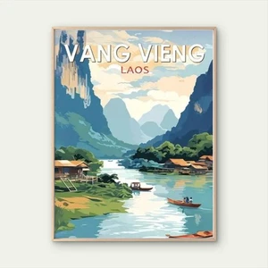 Laos Landscape Mekong River Lush Green Mountain Travel Poster Print Wall Art - Bild 1 von 2