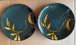 Pier 1 Dakara Dinner Plates 11" Set 2 Blue Gold Hand Painted Stoneware - Picture 1 of 9