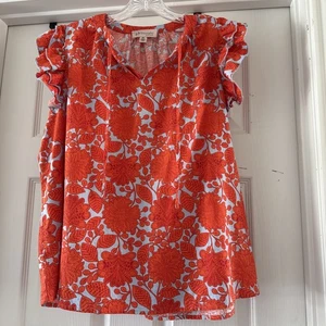 Philosophy Coral And Blue Floral Ruffle Sleeveless Top Size Small - Picture 1 of 5