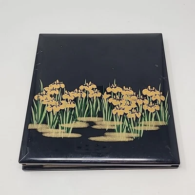 Vintage Asian Black Lacquer Photo Album Floral Gold Accent Holds 80 Pictures - Image 1 of 4