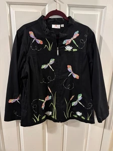 Quaker Factory Women's Black Dragonfly/Floral Embroidered Jacket ~ XL ~ NWOT - Picture 1 of 6