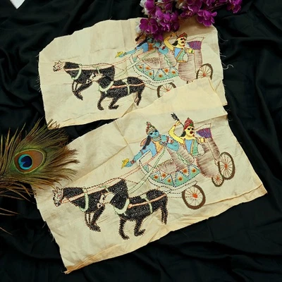 Vintage Beige Pure Silk Hand Embroidered Kantha Sari Rare Applique - set of 2 - Image 1 of 4