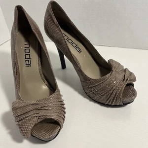 Women's Moda Spana Reptile Snake Print Brown 4” Heels size 6M EUC Peek A Boo Toe - Picture 1 of 12