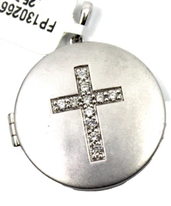 Round Diamond Cross Locket Amulet in Sterling Silver - Picture 1 of 10