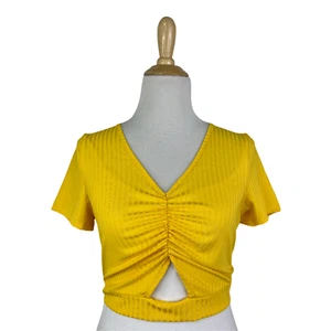 Love J Women's Yellow Cutout Short Sleeve Cropped Shirt Size S B51 - Picture 1 of 4
