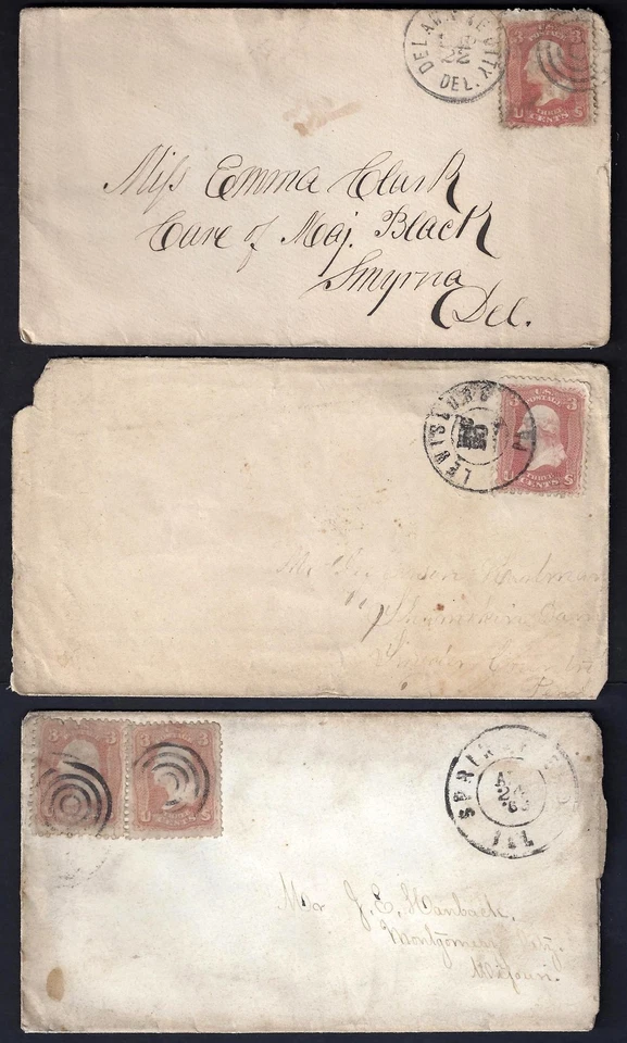 US 1860's Sc 65 ON 3 COVERS W/UNUSUAL TOWN CANCEL DELAWARE CITY DEL LEWISBERG PA - Image 1 of 1