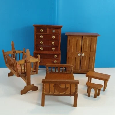  Vintage Wooden  Handmade Dollhouse Furniture Bedroom Set Of 6- Korea Made  - Image 1 of 4