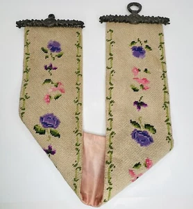 Tapestry Wall Art Bell Pull Hanging Brass Ends Floral Decor Needlepoint **READ - Picture 1 of 12