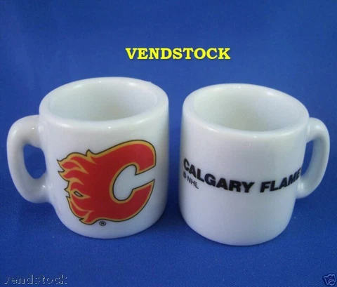 CALGARY FLAMES MINI CERAMIC MUG CUP 1.25" TALL NEW NHL HOCKEY TWO SIDES RARE! Cover