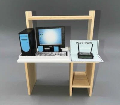 MINIATURE DOLLHOUSE 1:12 SCALE UNFINISHED OFFICE COMPUTER DESK COMPUTER ROUTER - Image 1 of 4