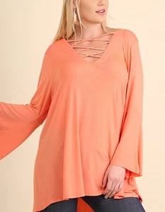 UMGEE Oberteil Damen Pullover Jersey Käfig V-Ausschnitt Glockenärmel Freizeit koralle XL - Bild 1 von 3