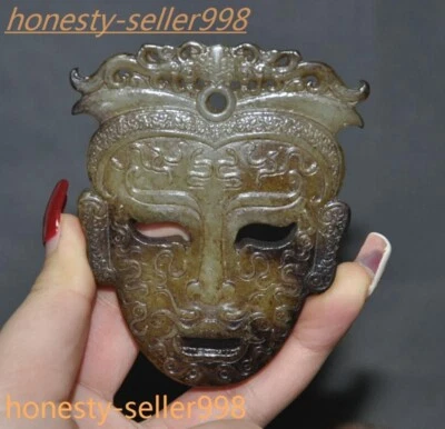 3.6" Antiguo Chino Hetiano Jade Tallado Sacrificio Bestia Fénix Máscara Facial Estatua Foto 1 de 4