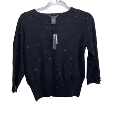 Chelsea & Theodore Red Bows All Over Preppy Cardigan Sweater Womens M Black New - Image 1 of 4