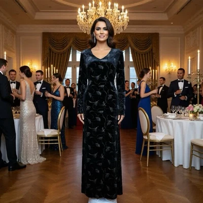 Vestido maxi vintage anos 80 preto brilhante estampa de folha de veludo S laços de cintura atrás Whimsigoth - Imagem 1 de 4