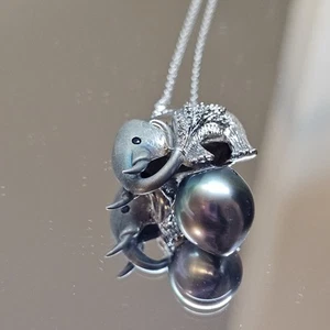 Elephant On Black Pearl Necklace Sterling Silver 925 CZ Pave 18 Inches - Picture 1 of 6