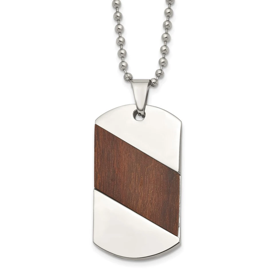 Titanium Polished with Rosewood Inlay Dog Tag Pendant Necklace 22" 27.87gm - Image 1 of 4
