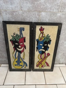 Vintage 1960s MCM Set of 2 Gravel Pebble Wall Art Theater Tragedy Comedy Masks - Picture 1 of 6